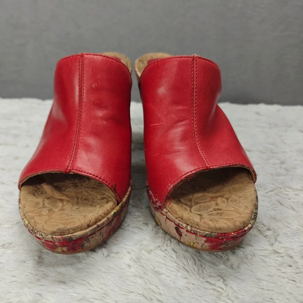b.o.c Red Leather Wedge Sandals Floral Cork Heel Tropical Resort Vacation Cruise
